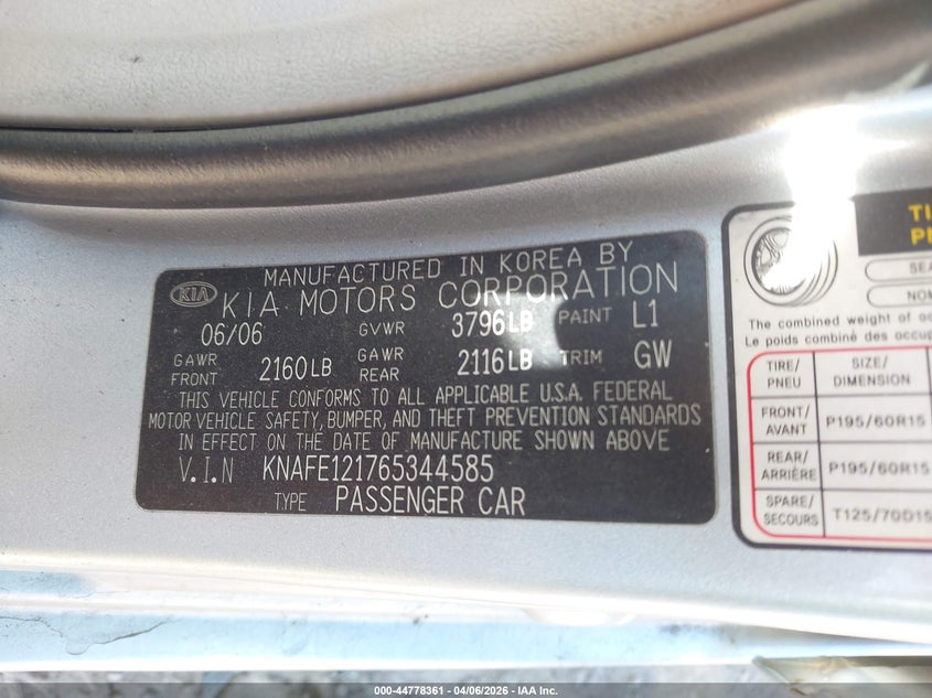 2006 Kia Spectra Ex/Lx/Sx VIN: KNAFE121765344585 Lot: 44778361