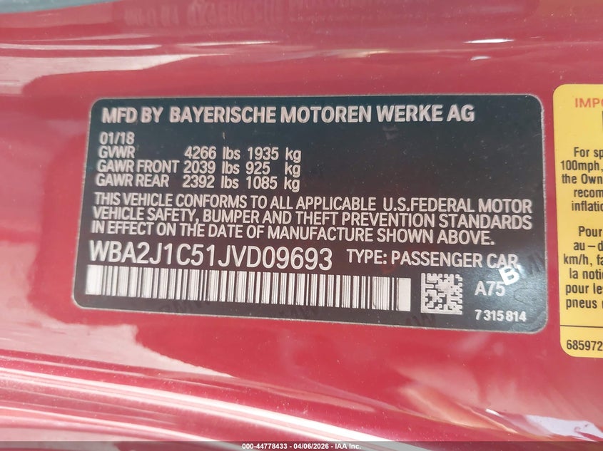 2018 BMW 230I VIN: WBA2J1C51JVD09693 Lot: 44778433