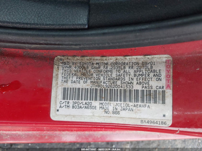 2002 Lexus Is 300 VIN: JTHBD192620041533 Lot: 44778507