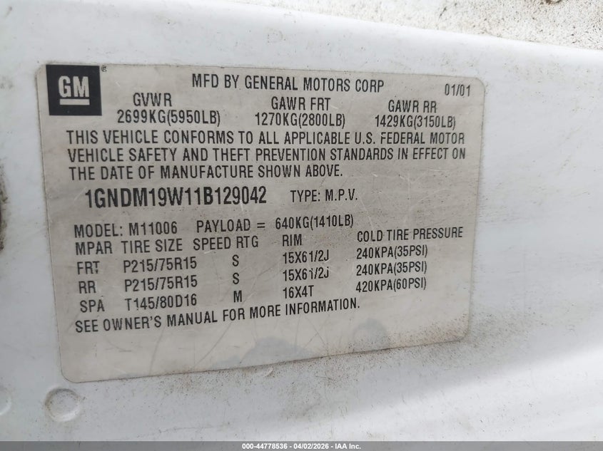 2001 Chevrolet Astro Ls VIN: 1GNDM19W11B129042 Lot: 44778536