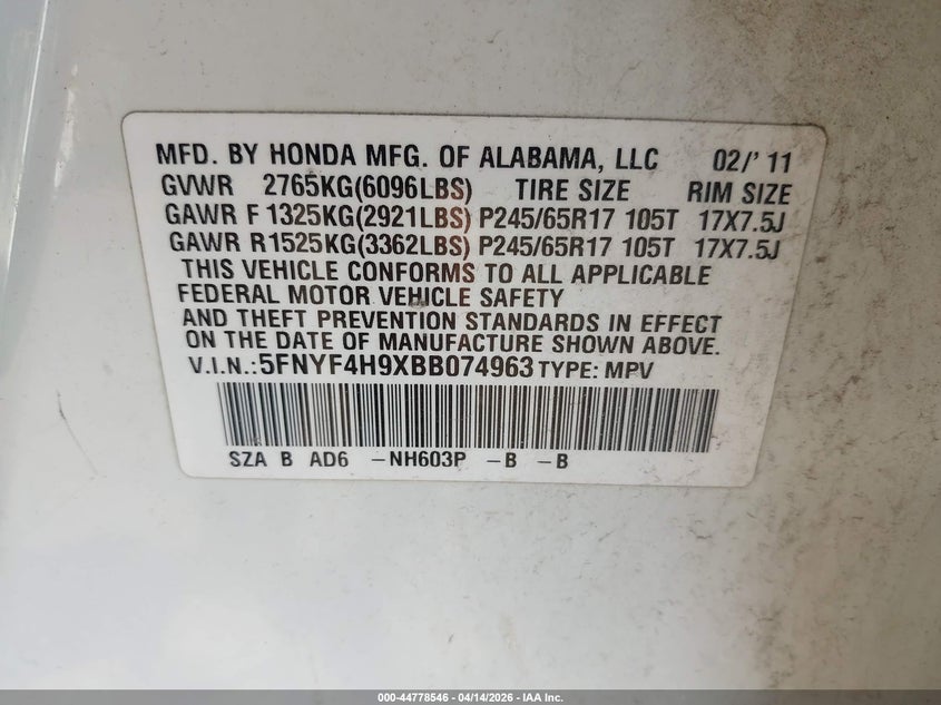 2011 Honda Pilot Touring VIN: 5FNYF4H9XBB074963 Lot: 44778546