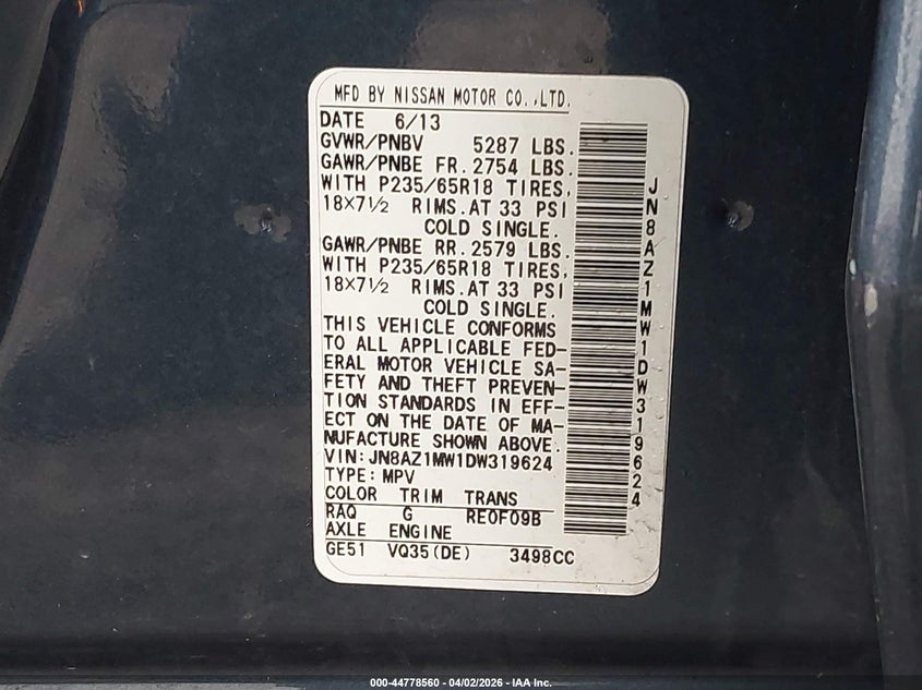 2013 Nissan Murano Sl VIN: JN8AZ1MW1DW319624 Lot: 44778560