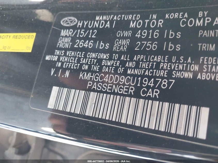 2012 Hyundai Genesis 3.8 VIN: KMHGC4DD9CU194787 Lot: 44778602