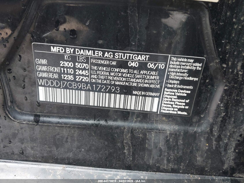 2011 Mercedes-Benz Cls 550 VIN: WDDDJ7CB9BA172793 Lot: 44778615