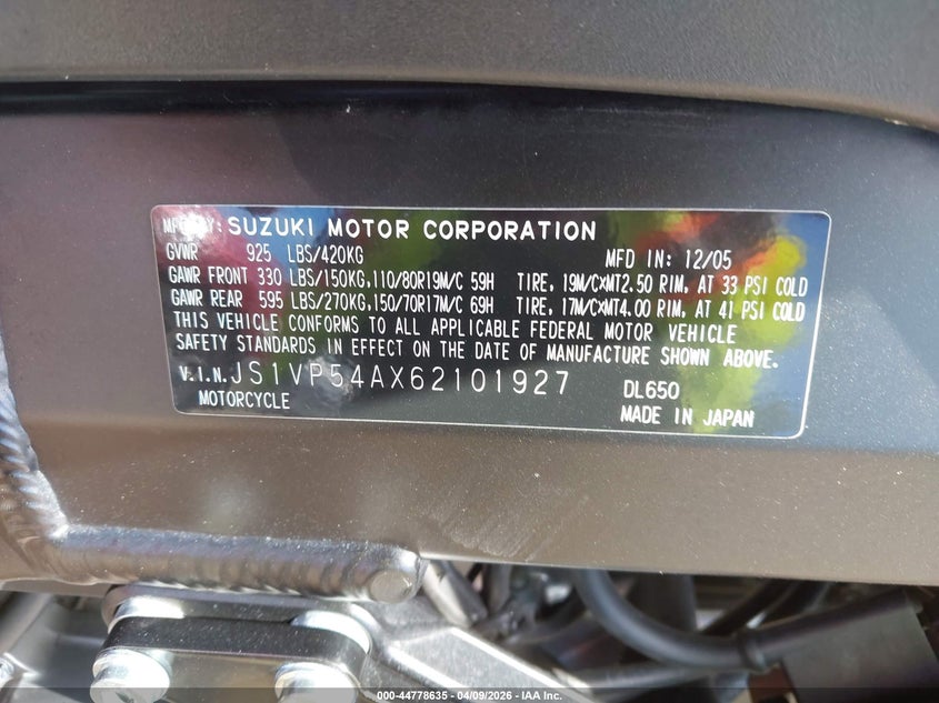 2006 Suzuki Dl650 K VIN: JS1VP54AX62101927 Lot: 44778635