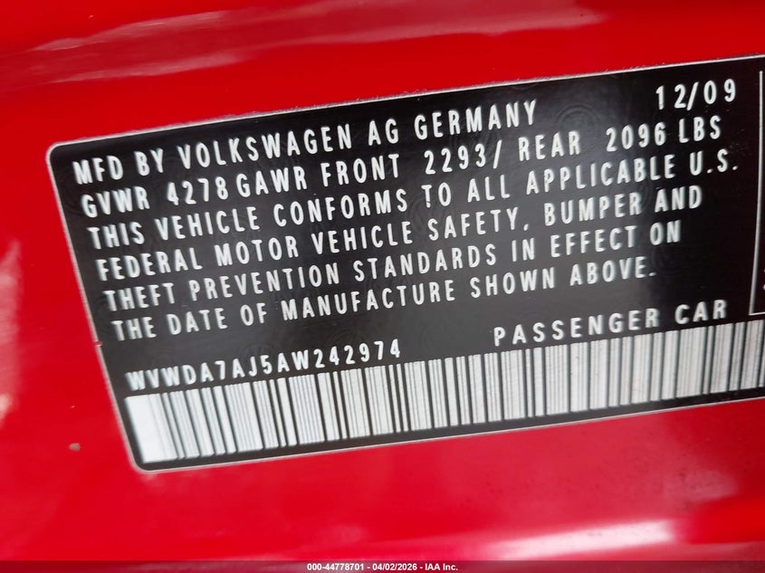 2010 Volkswagen Golf 4-Door VIN: WVWDA7AJ5AW242974 Lot: 44778701