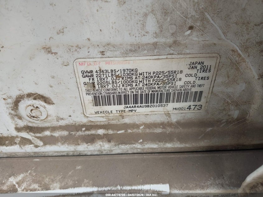 2011 Mitsubishi Outlander Sport Se VIN: JA4AR4AU9BZ010537 Lot: 44778705