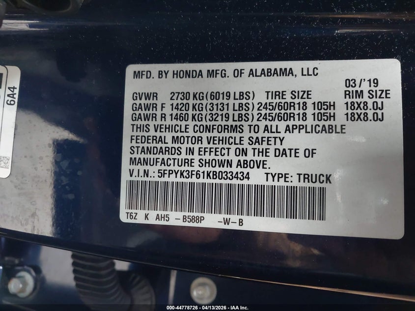 2019 Honda Ridgeline Rtl-T VIN: 5FPYK3F61KB033434 Lot: 44778726