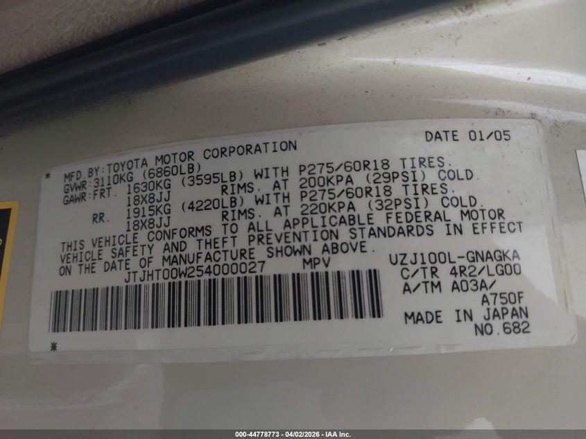 2005 Lexus Lx 470 VIN: JTJHT00W254000027 Lot: 44778773