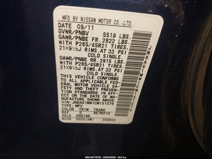 2012 Infiniti Fx35 Limited Edition VIN: JN8AS1MW1CM151076 Lot: 44778783