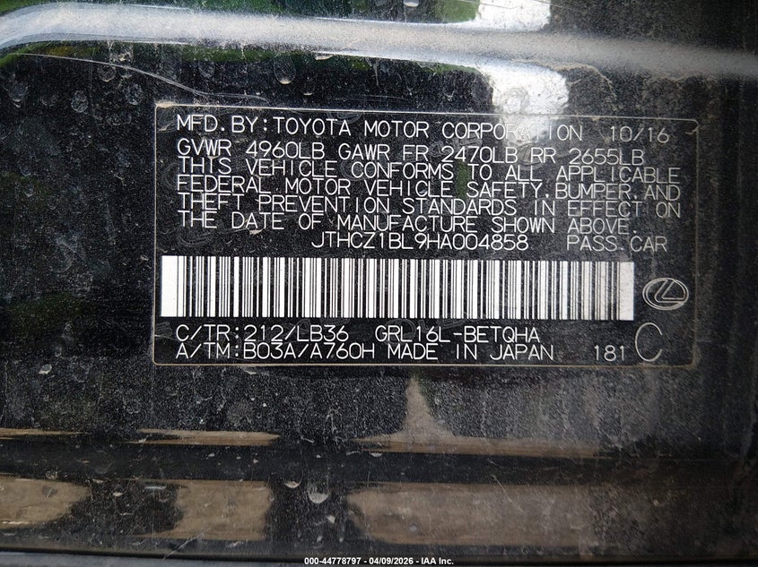 2017 Lexus Gs 350 F Sport VIN: JTHCZ1BL9HA004858 Lot: 44778797