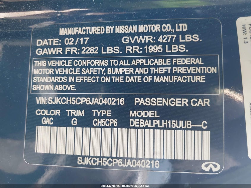 2018 Infiniti Qx30 Luxury/Premium/Sport VIN: SJKCH5CP6JA040216 Lot: 44778815