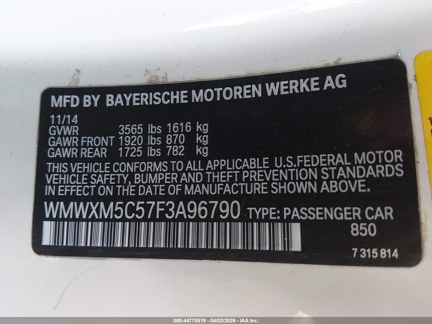 2015 Mini Hardtop Cooper VIN: WMWXM5C57F3A96790 Lot: 44778819