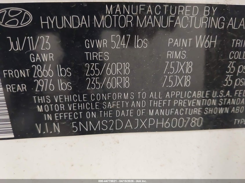 2023 Hyundai Santa Fe Sel VIN: 5NMS2DAJXPH600780 Lot: 44778821