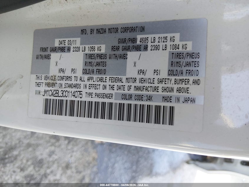 2012 Mazda Mazda5 Sport VIN: JM1CW2BL3C0114075 Lot: 44778888