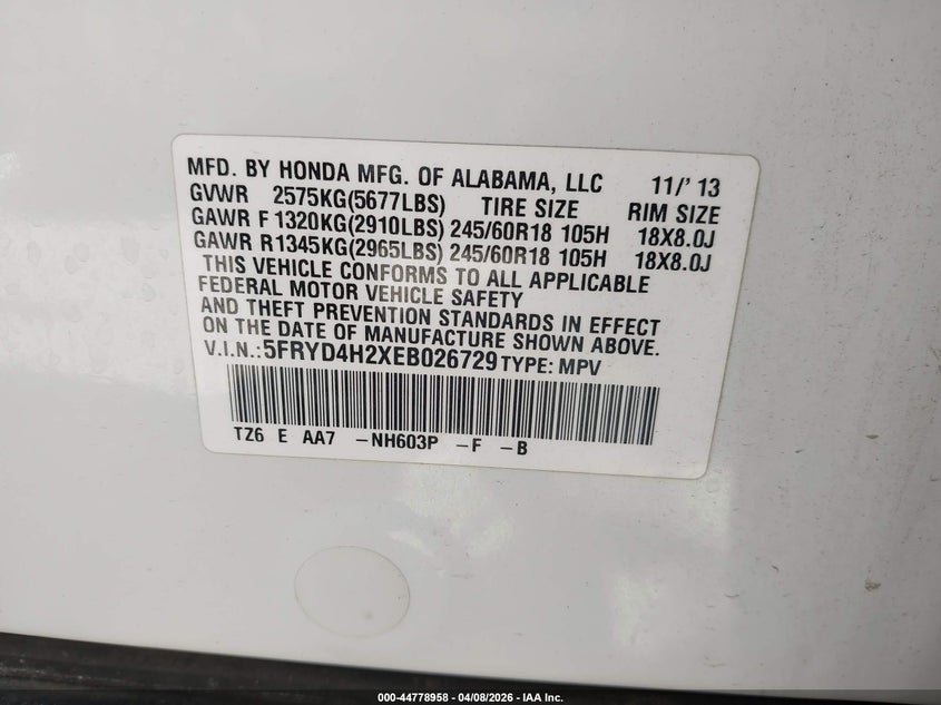 2014 Acura Mdx VIN: 5FRYD4H2XEB026729 Lot: 44778958