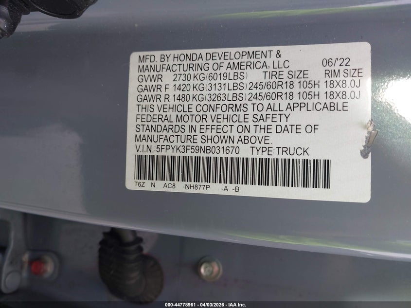 2022 Honda Ridgeline Rtl VIN: 5FPYK3F59NB031670 Lot: 44778961
