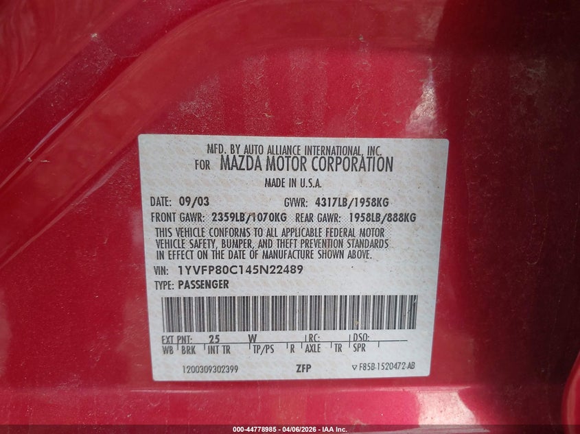 2004 Mazda Mazda6 I VIN: 1YVFP80C145N22489 Lot: 44778985