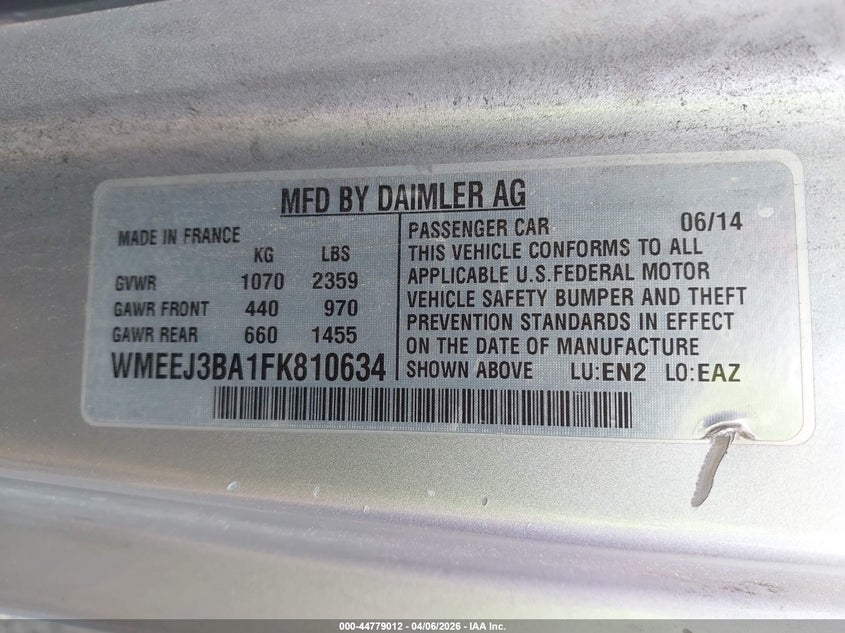 2015 Smart Fortwo Pure VIN: WMEEJ3BA1FK810634 Lot: 44779012