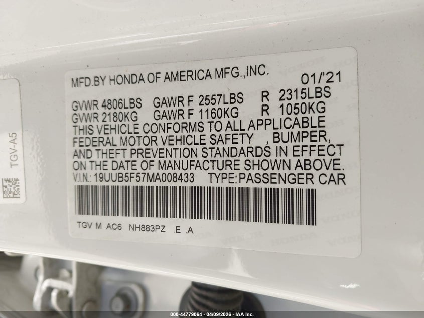 2021 Acura Tlx A-Spec Package VIN: 19UUB5F57MA008433 Lot: 44779064
