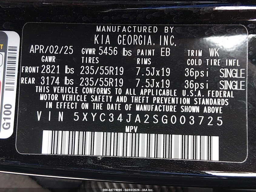 2025 Kia Ev6 Wind VIN: 5XYC34JA2SG003725 Lot: 44779095