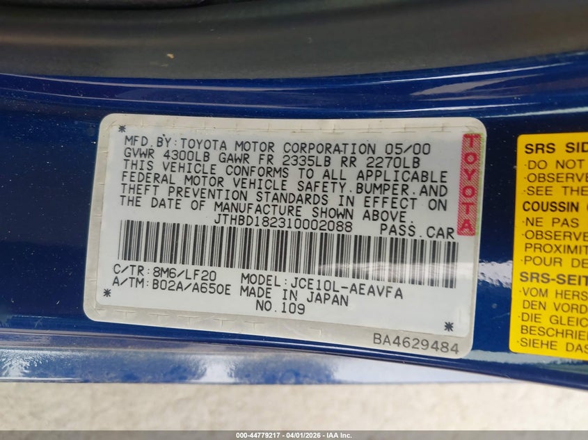 2001 Lexus Is 300 VIN: JTHBD182310002088 Lot: 44779217