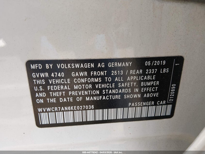 2019 Volkswagen Arteon 2.0T Sel VIN: WVWCR7AN6KE027036 Lot: 44779242