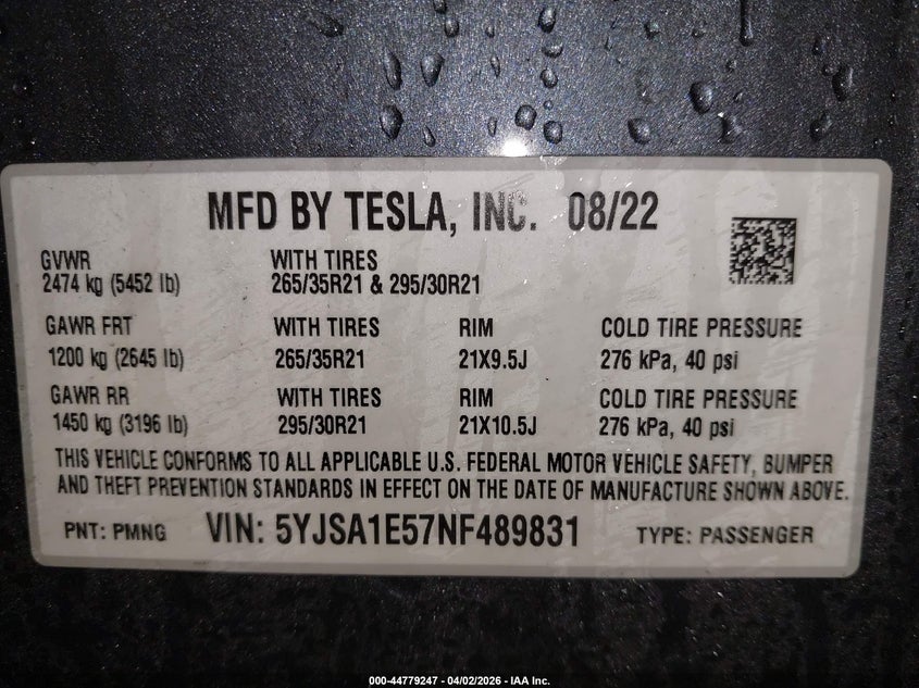 2022 Tesla Model S Dual Motor All-Wheel Drive VIN: 5YJSA1E57NF489831 Lot: 44779247