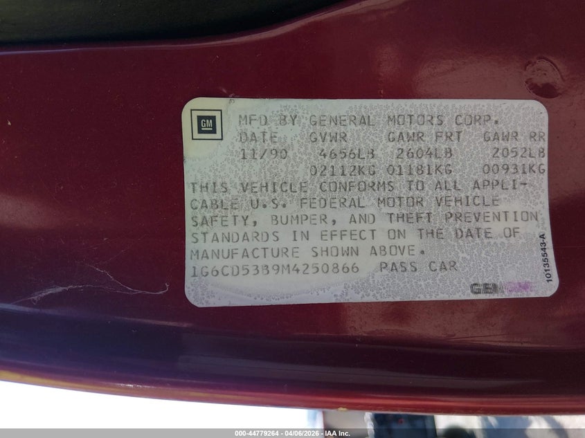 1991 Cadillac Deville VIN: 1G6CD53B9M4250866 Lot: 44779264