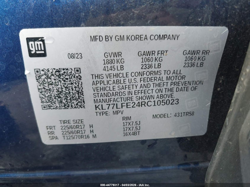 VIN KL77LFE24RC105023 2024 CHEVROLET TRAX FWD SP