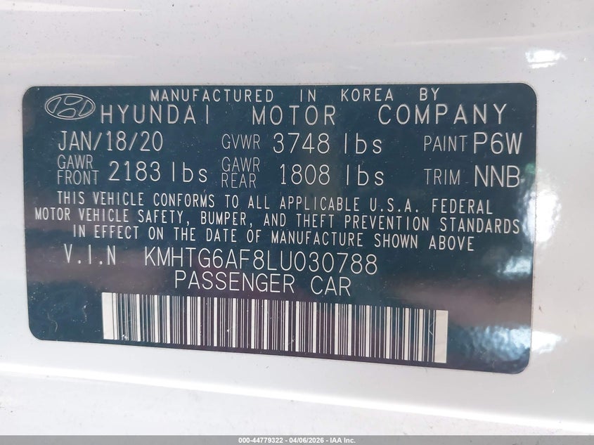 2020 Hyundai Veloster 2.0 VIN: KMHTG6AF8LU030788 Lot: 44779322