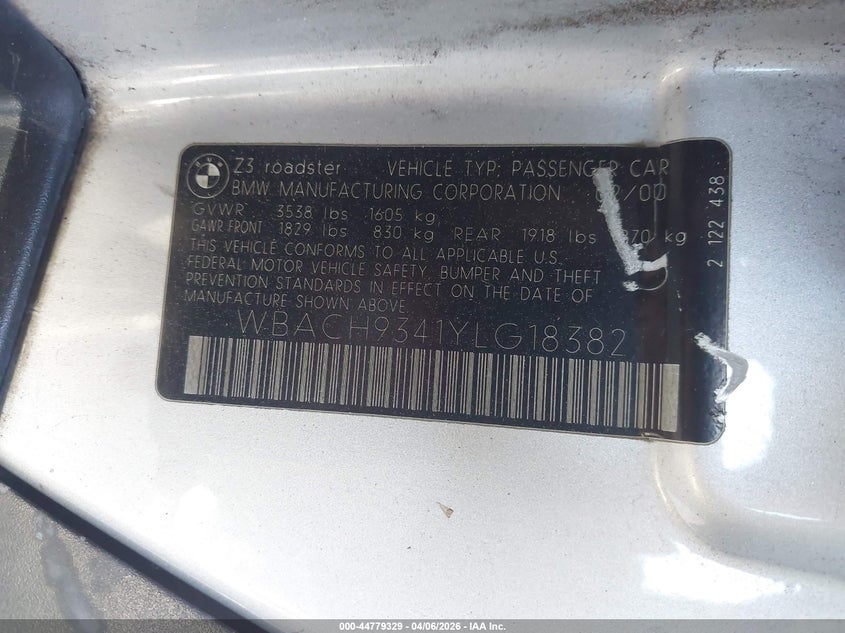 2000 BMW Z3 2.3 VIN: WBACH9341YLG18382 Lot: 44779329