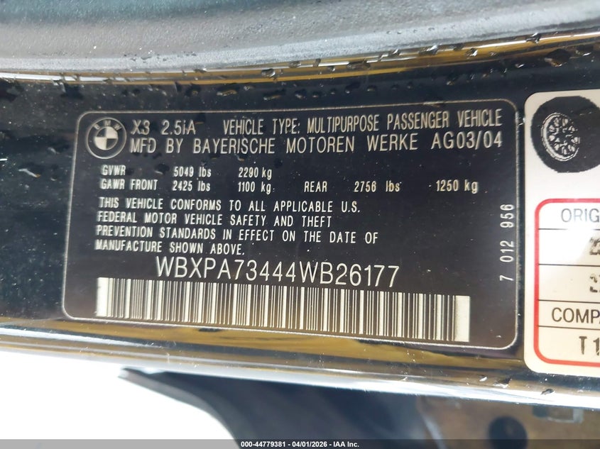 2004 BMW X3 2.5I VIN: WBXPA73444WB26177 Lot: 44779381