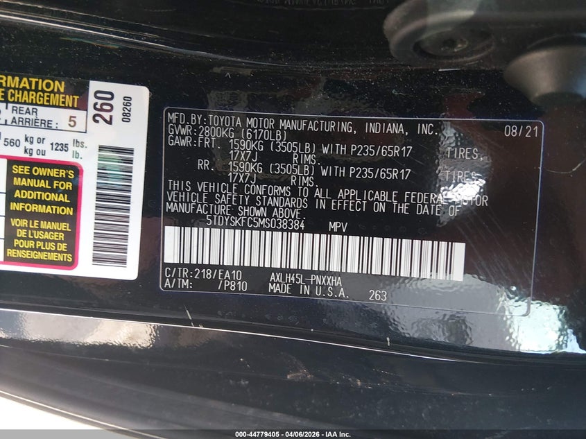 2021 Toyota Sienna Xle VIN: 5TDYSKFC5MS038384 Lot: 44779405