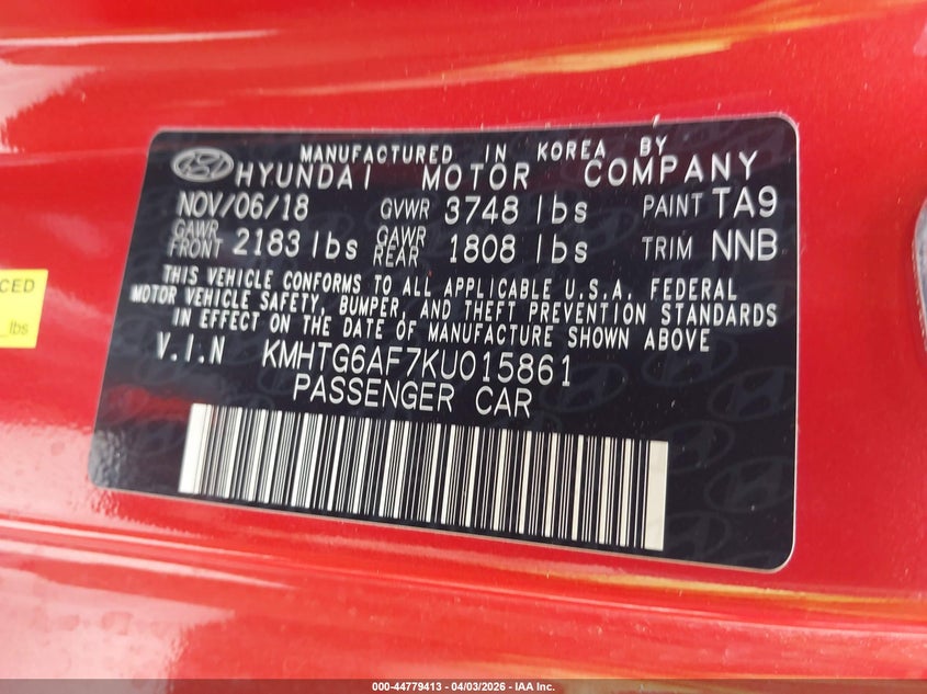 2019 Hyundai Veloster 2.0 Premium VIN: KMHTG6AF7KU015861 Lot: 44779413