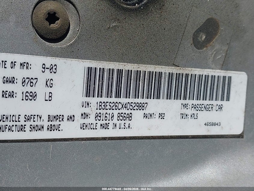 2004 Dodge Neon Se VIN: 1B3ES26CX4D529887 Lot: 44779448