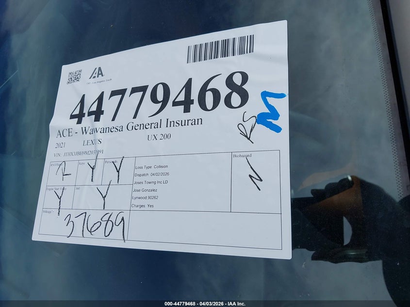 2021 Lexus Ux 200 VIN: JTHX3JBH9M2033991 Lot: 44779468