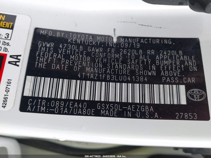 2020 Toyota Avalon Xle VIN: 4T1AZ1FB3LU041384 Lot: 44779620