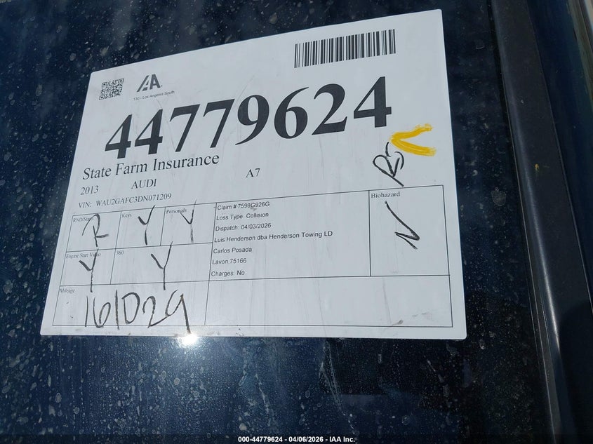 2013 Audi A7 3.0T Premium VIN: WAU2GAFC3DN071209 Lot: 44779624