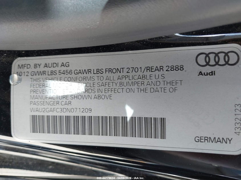 2013 Audi A7 3.0T Premium VIN: WAU2GAFC3DN071209 Lot: 44779624