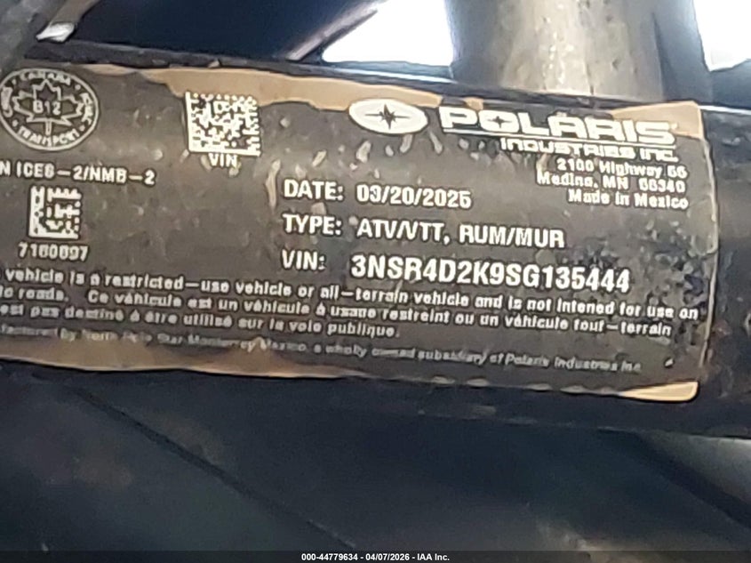 2025 Polaris Rzr Pro R 4 Ultimate VIN: 3NSR4D2K9SG135444 Lot: 44779634