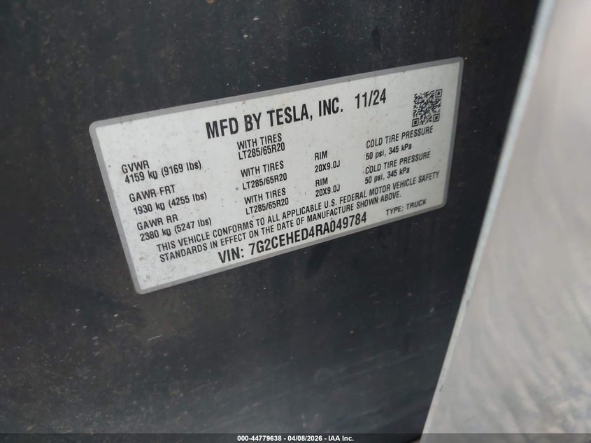 2024 TESLA CYBERTRUCK ELECTRIC(VIN: 7G2CEHED4RA049784