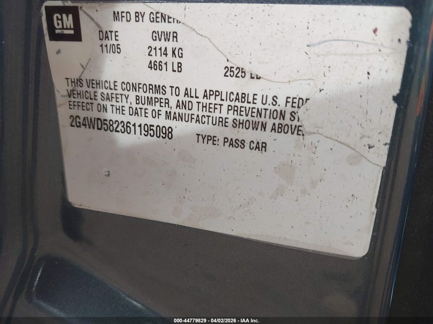 2006 Buick Lacrosse Cxl VIN: 2G4WD582361195098 Lot: 44779829