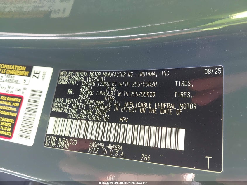 VIN 5TDACAB51SS062162 2025 TOYOTA GRAND HIGHLANDER HYBRID LIMITED