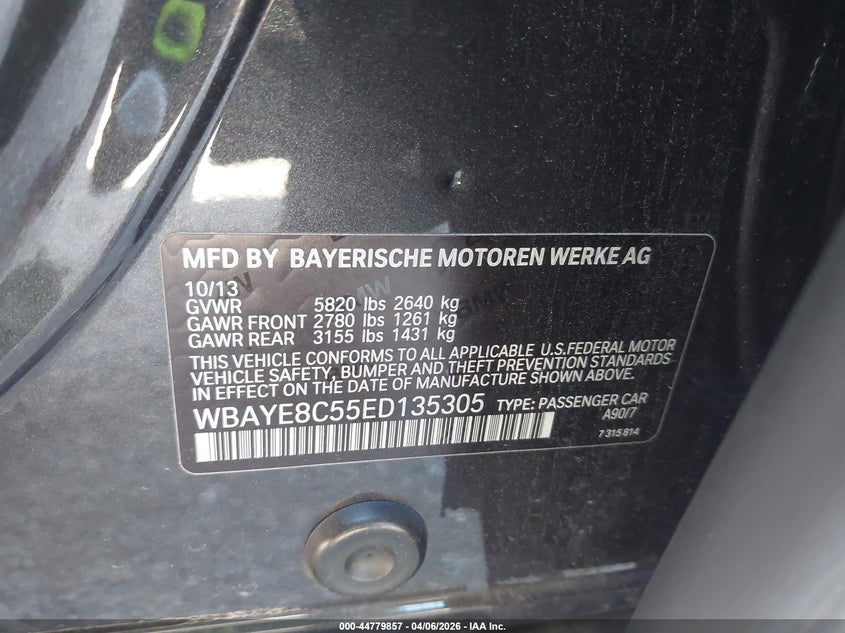 2014 BMW Alpina B7 VIN: WBAYE8C55ED135305 Lot: 44779857