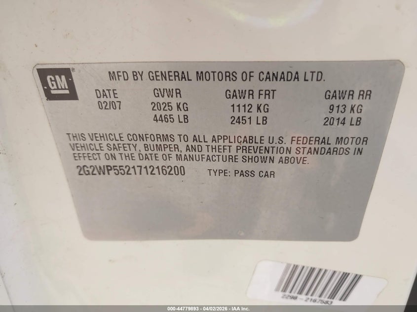 2007 Pontiac Grand Prix VIN: 2G2WP552171216200 Lot: 44779893