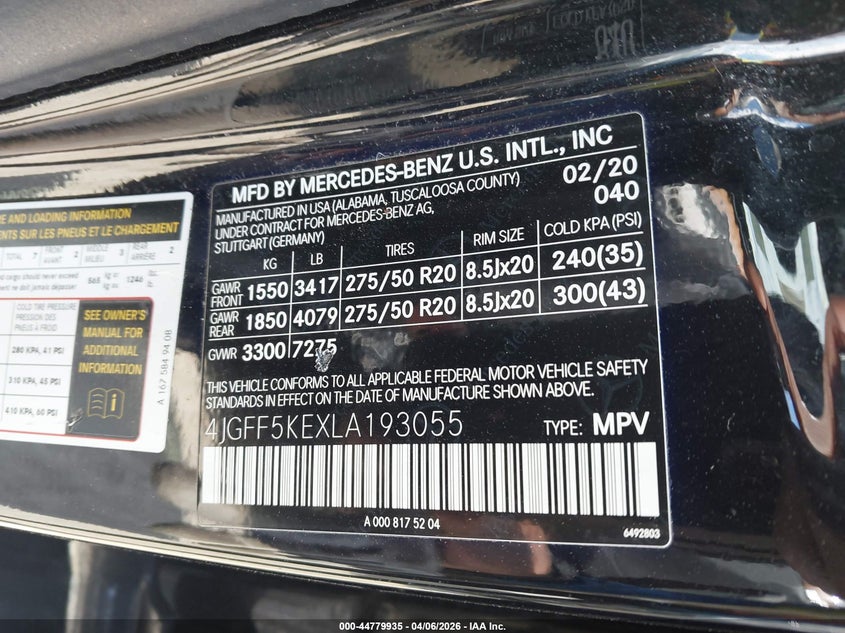 2020 Mercedes-Benz Gls 450 4Matic VIN: 4JGFF5KEXLA193055 Lot: 44779935