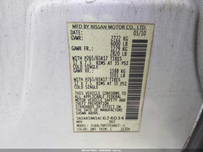 2010 Nissan Pathfinder Se VIN: 5N1AR1NN1AC624034 Lot: 44779943
