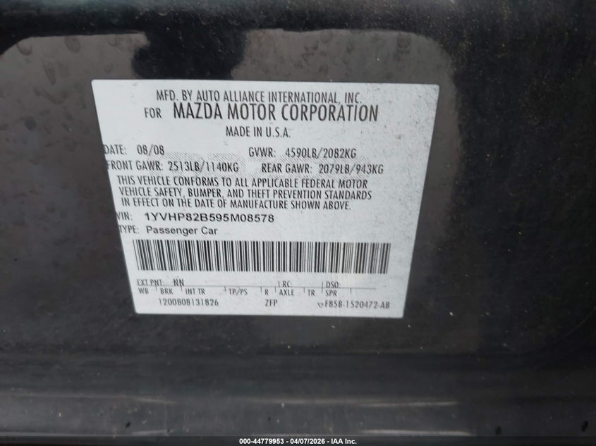 2009 Mazda Mazda6 S Grand Touring VIN: 1YVHP82B595M08578 Lot: 44779953