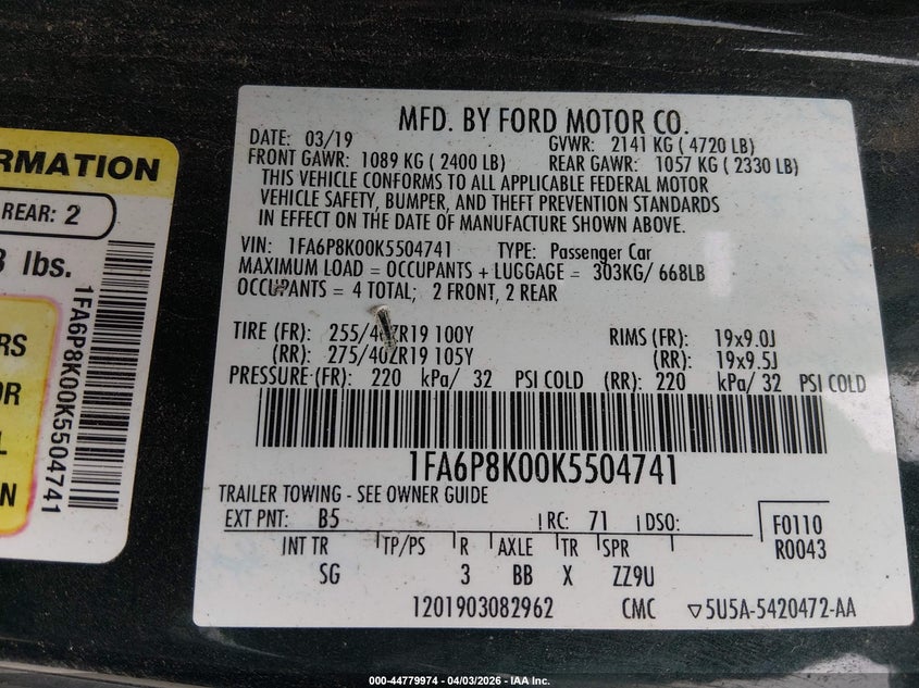 2019 FORD MUSTANG COUPE 5.0L V-8 DI, DOHC, VVT, 480HP
